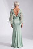 Green Mermaid Bateau Neck Sequins Floral Long Mother of the Bride Dress with Flare Sleeves
