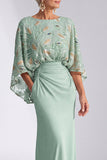 Green Mermaid Bateau Neck Sequins Floral Long Mother of the Bride Dress with Flare Sleeves