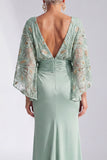 Green Mermaid Bateau Neck Sequins Floral Long Mother of the Bride Dress with Flare Sleeves