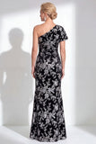 One Shoulder Fuchsia Mermaid Velvet Floral Long Mother of the Bride Dress