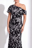 One Shoulder Fuchsia Mermaid Velvet Floral Long Mother of the Bride Dress