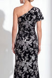 One Shoulder Fuchsia Mermaid Velvet Floral Long Mother of the Bride Dress