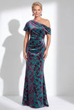 One Shoulder Fuchsia Mermaid Velvet Floral Long Mother of the Bride Dress