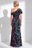 One Shoulder Fuchsia Mermaid Velvet Floral Long Mother of the Bride Dress
