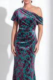 One Shoulder Fuchsia Mermaid Velvet Floral Long Mother of the Bride Dress