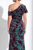 One Shoulder Fuchsia Mermaid Velvet Floral Long Mother of the Bride Dress