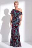 One Shoulder Fuchsia Mermaid Velvet Floral Long Mother of the Bride Dress
