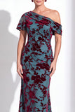 One Shoulder Fuchsia Mermaid Velvet Floral Long Mother of the Bride Dress