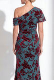 One Shoulder Fuchsia Mermaid Velvet Floral Long Mother of the Bride Dress
