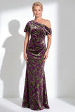 One Shoulder Fuchsia Mermaid Velvet Floral Long Mother of the Bride Dress