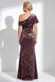 One Shoulder Fuchsia Mermaid Velvet Floral Long Mother of the Bride Dress
