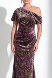 One Shoulder Fuchsia Mermaid Velvet Floral Long Mother of the Bride Dress