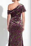 One Shoulder Fuchsia Mermaid Velvet Floral Long Mother of the Bride Dress