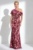 One Shoulder Fuchsia Mermaid Velvet Floral Long Mother of the Bride Dress