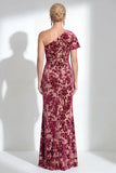 One Shoulder Fuchsia Mermaid Velvet Floral Long Mother of the Bride Dress