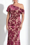 One Shoulder Fuchsia Mermaid Velvet Floral Long Mother of the Bride Dress