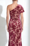 One Shoulder Fuchsia Mermaid Velvet Floral Long Mother of the Bride Dress