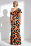 One Shoulder Fuchsia Mermaid Velvet Floral Long Mother of the Bride Dress