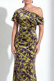 One Shoulder Fuchsia Mermaid Velvet Floral Long Mother of the Bride Dress