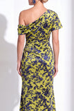 One Shoulder Fuchsia Mermaid Velvet Floral Long Mother of the Bride Dress
