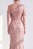 One Shoulder Mermaid Champagne Floral Ruched Mother Of the Bride Dress with Sequins