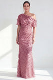 One Shoulder Mermaid Champagne Floral Ruched Mother Of the Bride Dress with Sequins