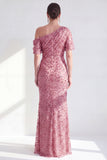 One Shoulder Mermaid Champagne Floral Ruched Mother Of the Bride Dress with Sequins
