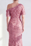 One Shoulder Mermaid Champagne Floral Ruched Mother Of the Bride Dress with Sequins