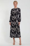 Fuchsia A-Line Round Neck Velvet Floral Midi Mother of the Bride Dress with Long Sleeves