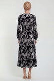Fuchsia A-Line Round Neck Velvet Floral Midi Mother of the Bride Dress with Long Sleeves