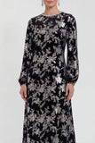 Fuchsia A-Line Round Neck Velvet Floral Midi Mother of the Bride Dress with Long Sleeves
