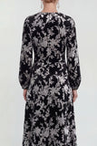 Fuchsia A-Line Round Neck Velvet Floral Midi Mother of the Bride Dress with Long Sleeves