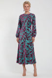 Fuchsia A-Line Round Neck Velvet Floral Midi Mother of the Bride Dress with Long Sleeves