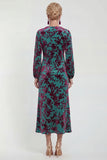 Fuchsia A-Line Round Neck Velvet Floral Midi Mother of the Bride Dress with Long Sleeves