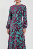 Fuchsia A-Line Round Neck Velvet Floral Midi Mother of the Bride Dress with Long Sleeves