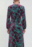 Fuchsia A-Line Round Neck Velvet Floral Midi Mother of the Bride Dress with Long Sleeves