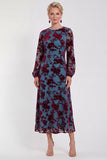 Fuchsia A-Line Round Neck Velvet Floral Midi Mother of the Bride Dress with Long Sleeves