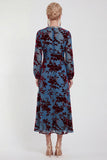 Fuchsia A-Line Round Neck Velvet Floral Midi Mother of the Bride Dress with Long Sleeves