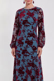 Fuchsia A-Line Round Neck Velvet Floral Midi Mother of the Bride Dress with Long Sleeves