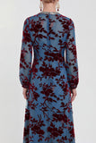 Fuchsia A-Line Round Neck Velvet Floral Midi Mother of the Bride Dress with Long Sleeves