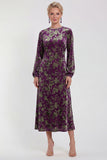 Fuchsia A-Line Round Neck Velvet Floral Midi Mother of the Bride Dress with Long Sleeves