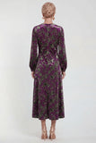 Fuchsia A-Line Round Neck Velvet Floral Midi Mother of the Bride Dress with Long Sleeves