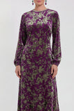 Fuchsia A-Line Round Neck Velvet Floral Midi Mother of the Bride Dress with Long Sleeves