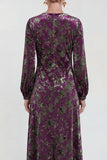 Fuchsia A-Line Round Neck Velvet Floral Midi Mother of the Bride Dress with Long Sleeves