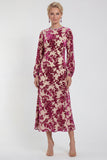 Fuchsia A-Line Round Neck Velvet Floral Midi Mother of the Bride Dress with Long Sleeves