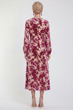 Fuchsia A-Line Round Neck Velvet Floral Midi Mother of the Bride Dress with Long Sleeves