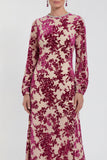 Fuchsia A-Line Round Neck Velvet Floral Midi Mother of the Bride Dress with Long Sleeves