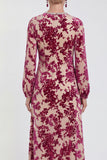Fuchsia A-Line Round Neck Velvet Floral Midi Mother of the Bride Dress with Long Sleeves