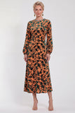 Fuchsia A-Line Round Neck Velvet Floral Midi Mother of the Bride Dress with Long Sleeves