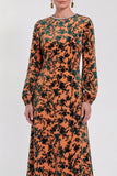 Fuchsia A-Line Round Neck Velvet Floral Midi Mother of the Bride Dress with Long Sleeves